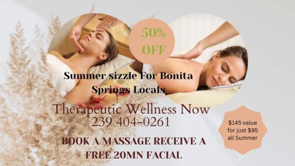 50% Summer massage sizzle for Bonita Springs local with free facial