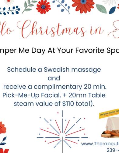 Christmas in July Promo. Buy a Swedish massage, receive a 20 mn facial and steamy table sauna.
